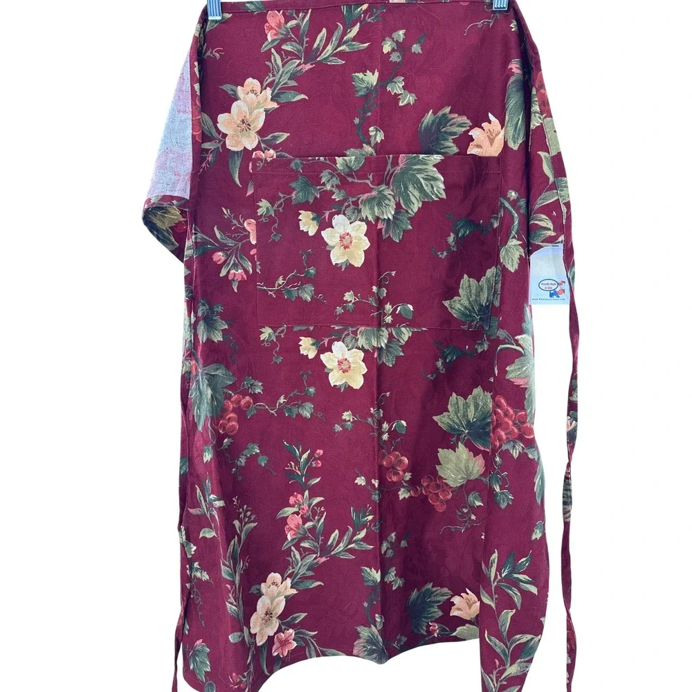 Montague Linens‎ Burgundy Grape Floral Half Apron 100% Cotton Made in USA NWT